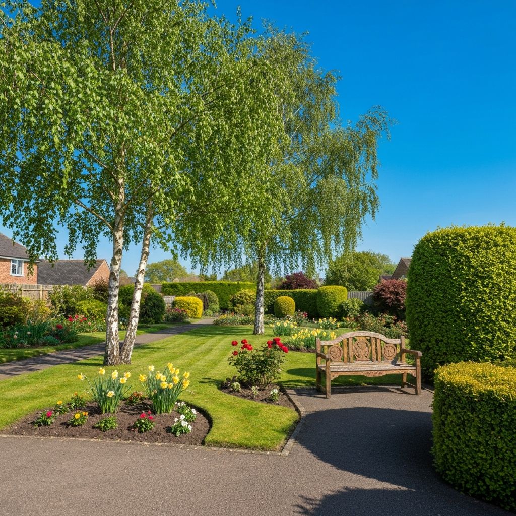 Well-maintained gardens with birch trees